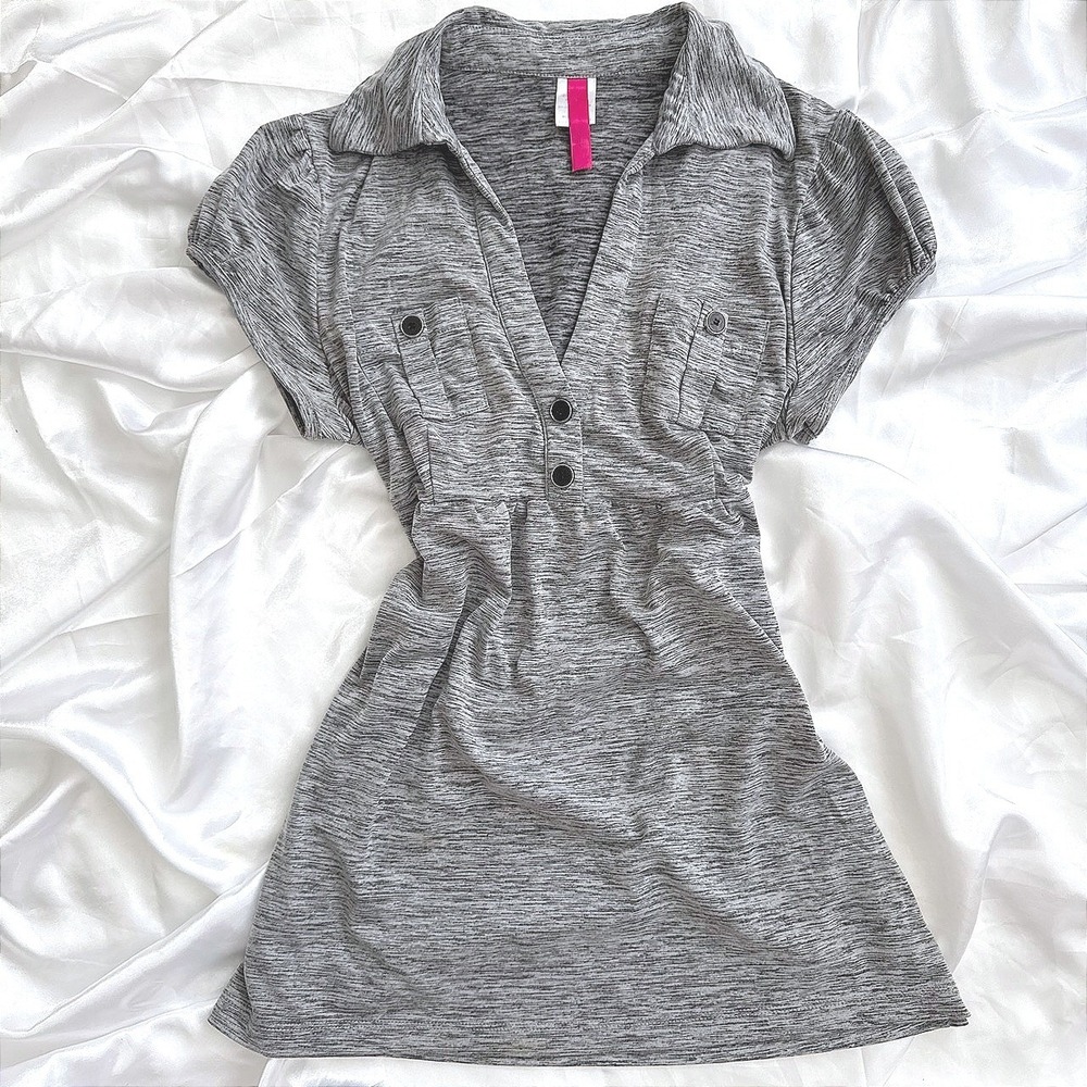 Heartsoul Grey Space Dye Empire Waist Knit Top Short Sleeve V-Neck Size L - Picture 1 of 4